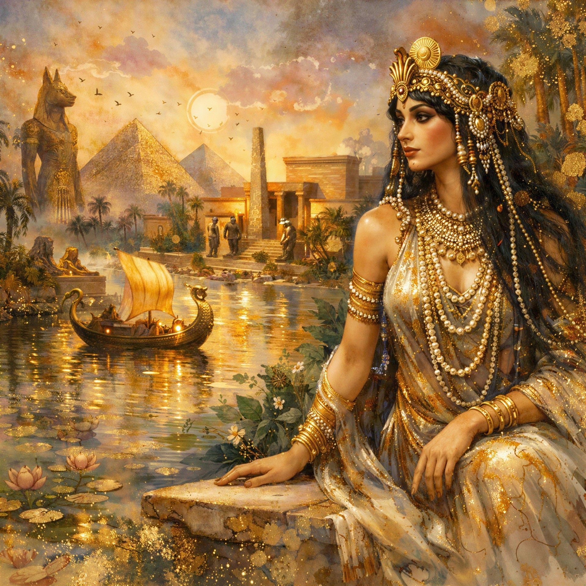 Digital Painting of Cleopatra by the Nile at Sunset