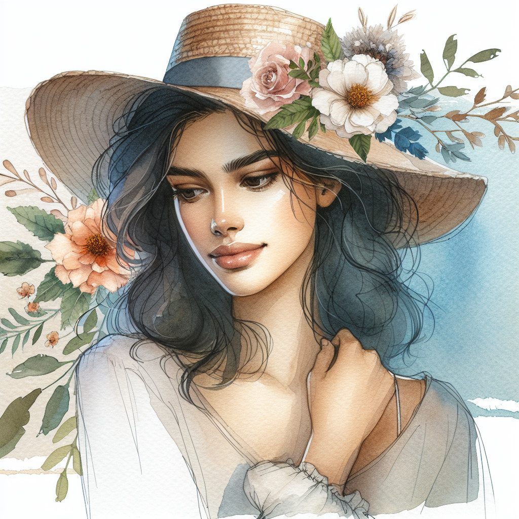 Young Woman in Floral Hat Against Pastel Background