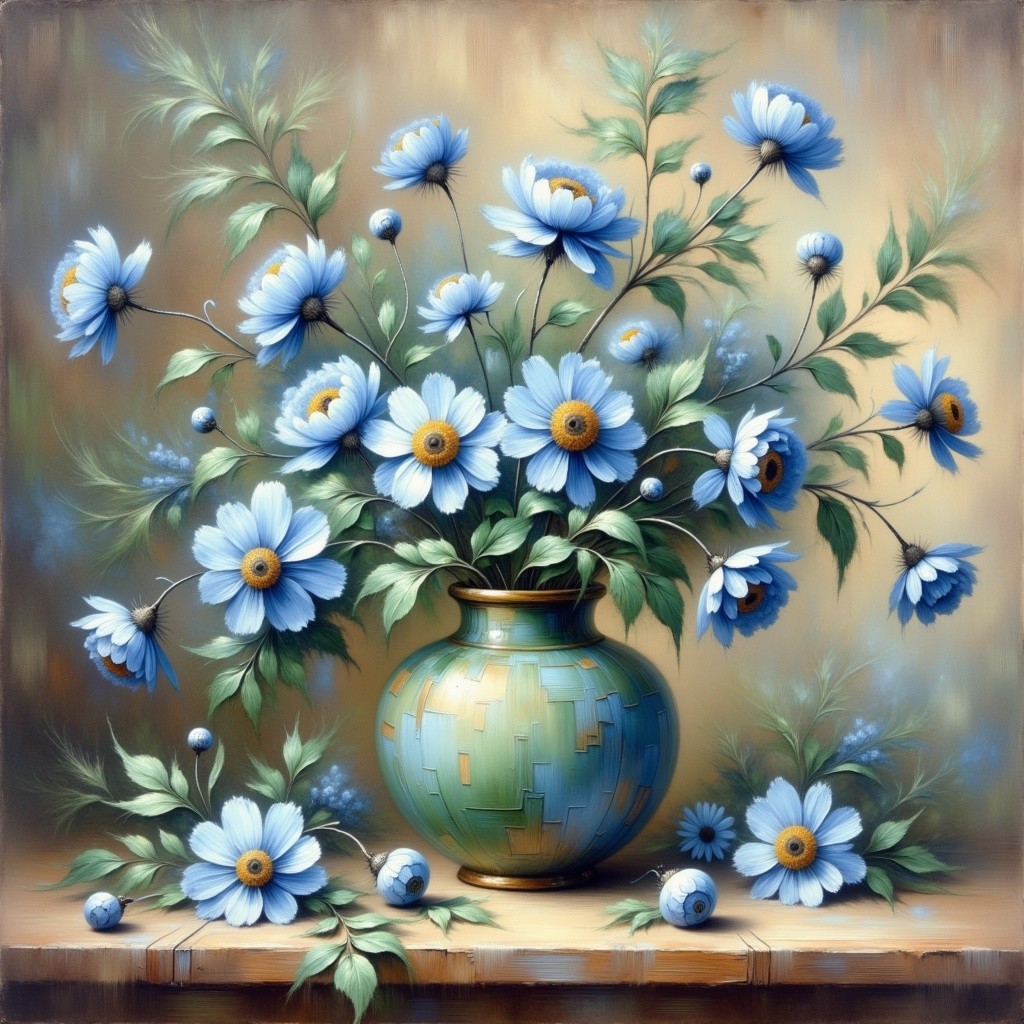 Blue and white daisies in a green vase with berries
