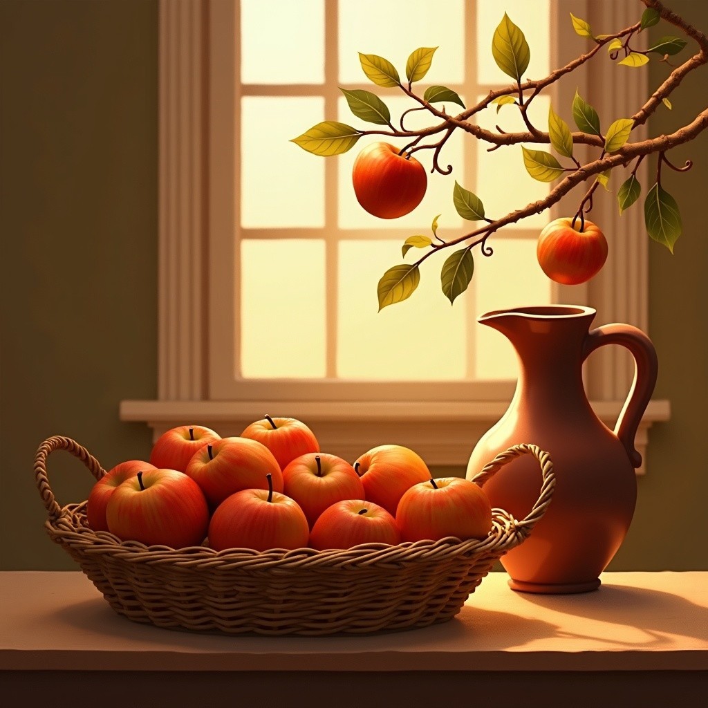 Rustic Scene with Woven Basket of Red Apples