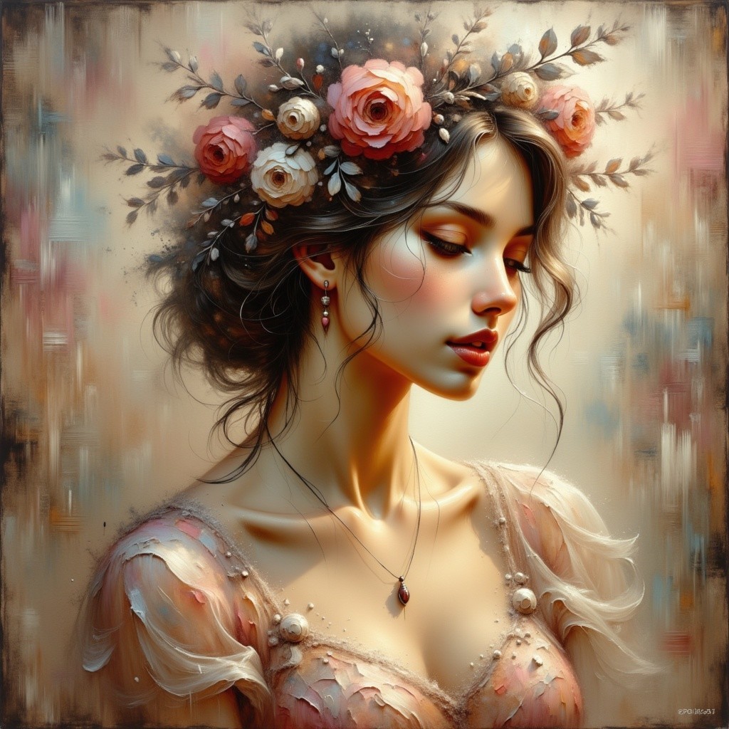Portrait of a woman with floral crown and pastel dress