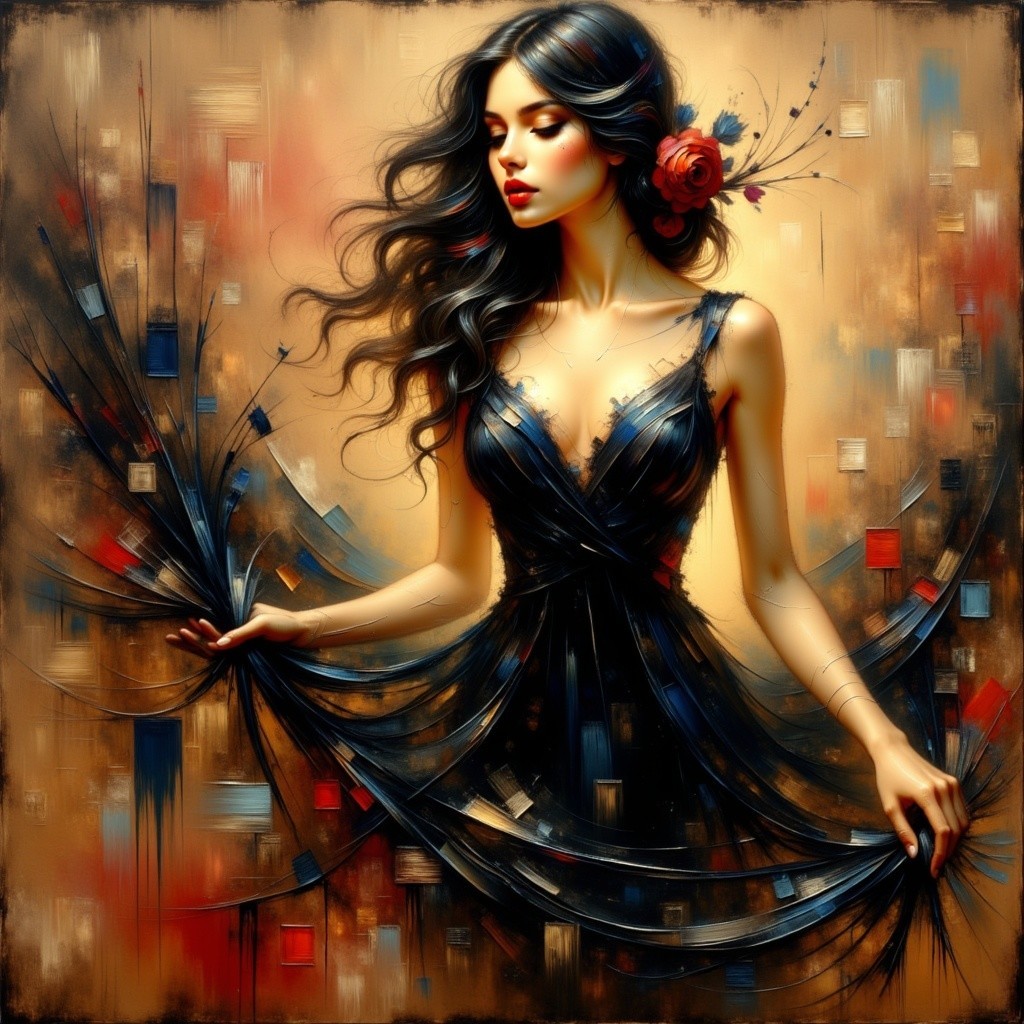 Elegant Woman in Black Dress with Flowing Fabric
