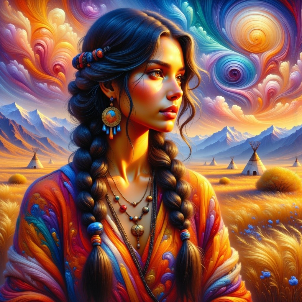 Woman in vibrant landscape with braided hair and shawl