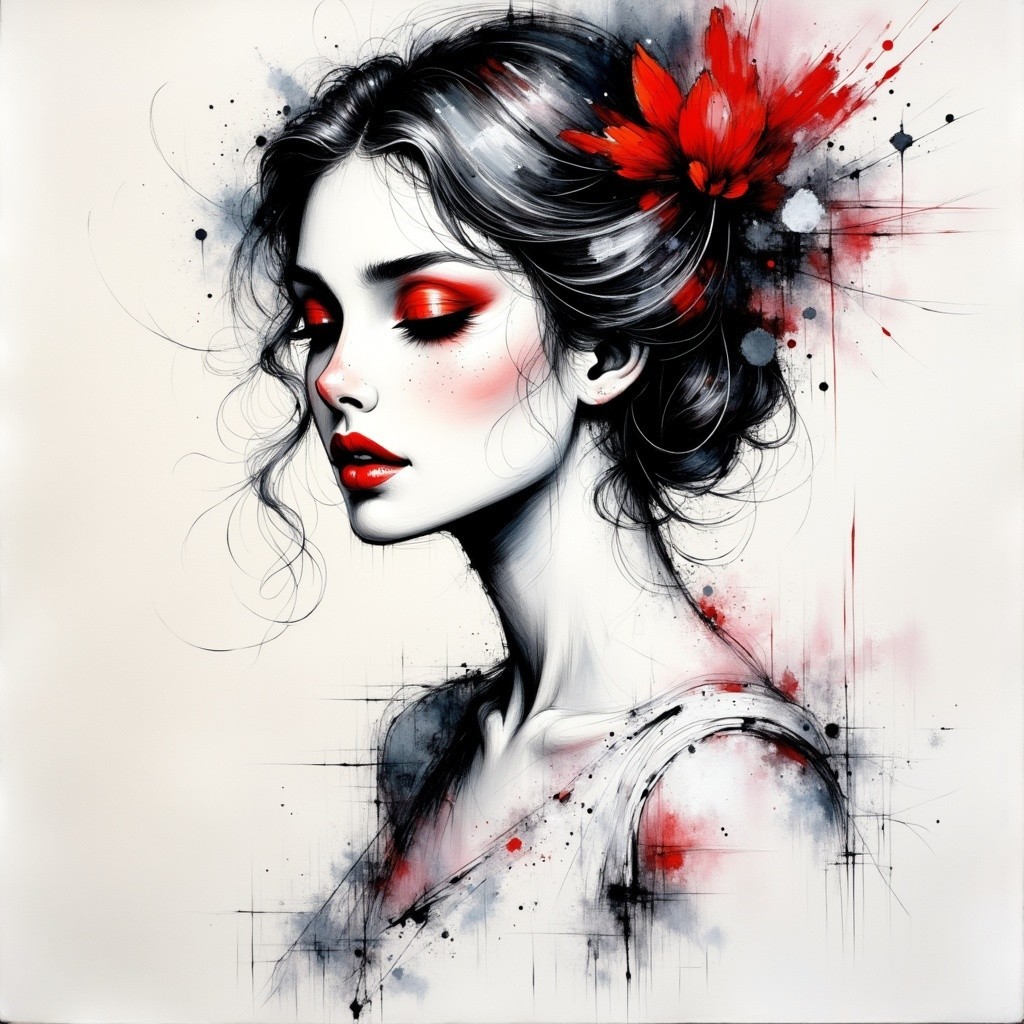 Portrait of a Woman with Elegant Hair and Red Flower