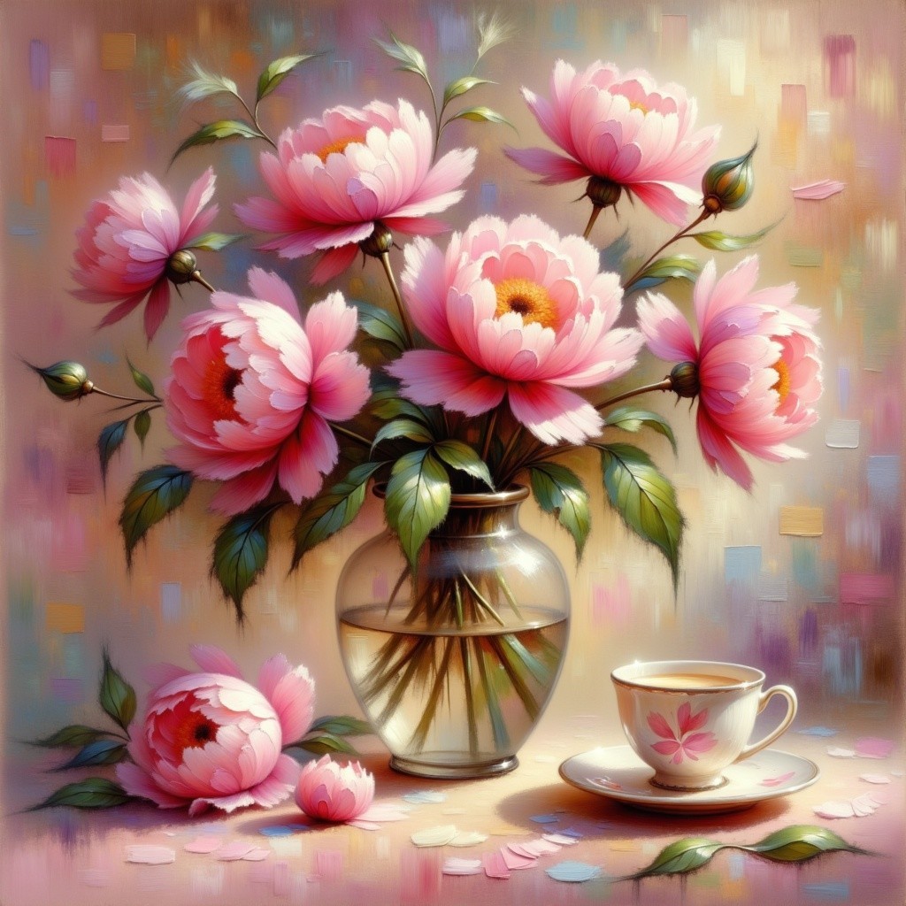 Peony Flowers in Glass Vase with Teacup and Saucer