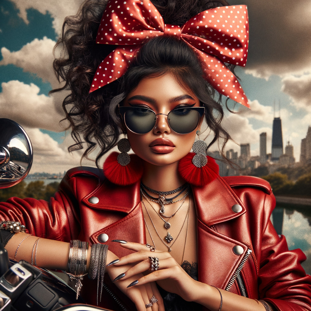 Confident Woman in Red Jacket with Urban Skyline