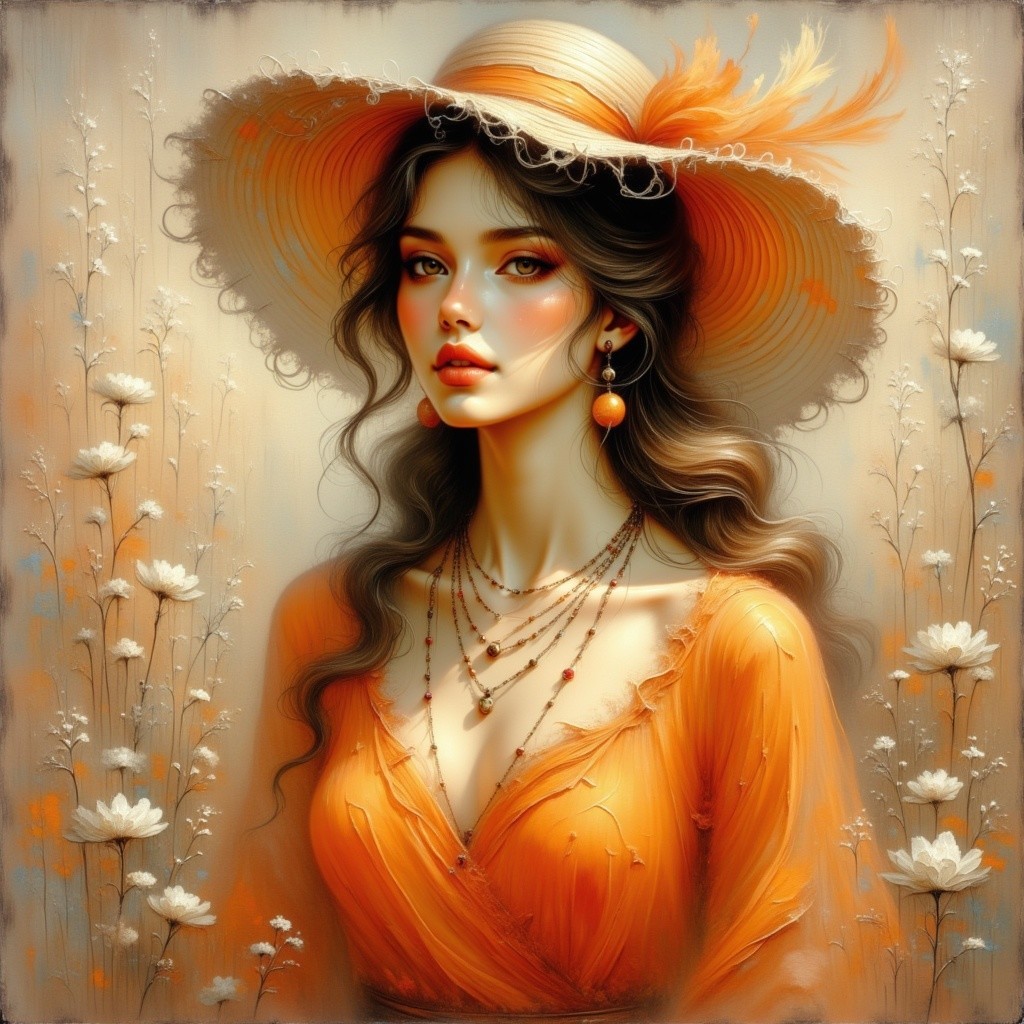 Woman in Orange Dress with Floral Background