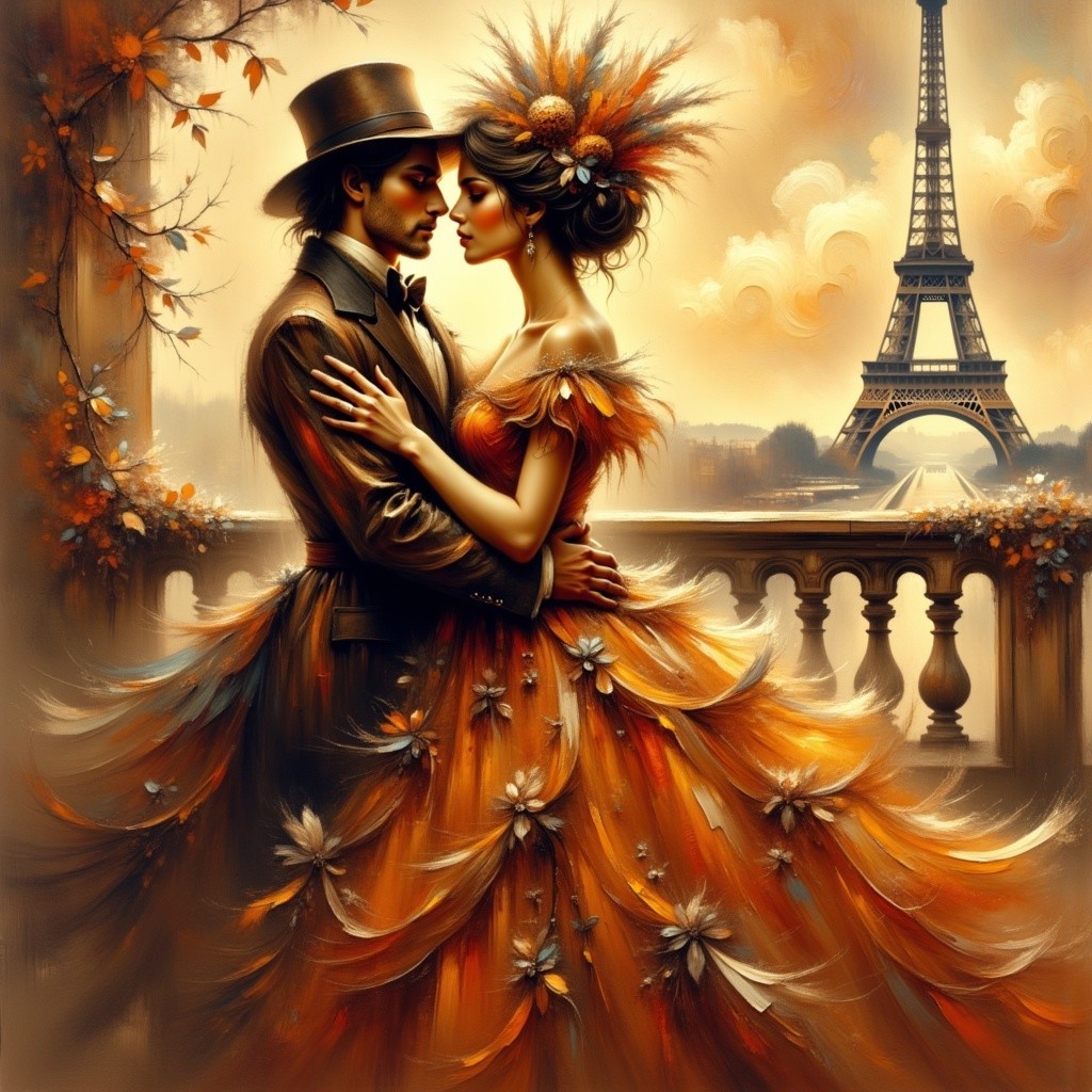 Romantic Couple Embracing at Eiffel Tower Sunset