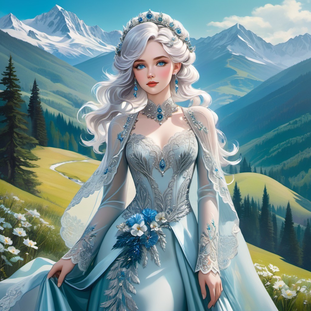 Regal figure in blue gown against a mountain backdrop