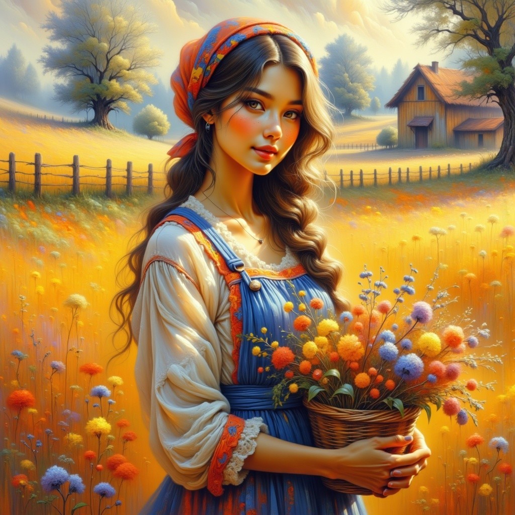 Young Woman in Traditional Dress in Flower Field