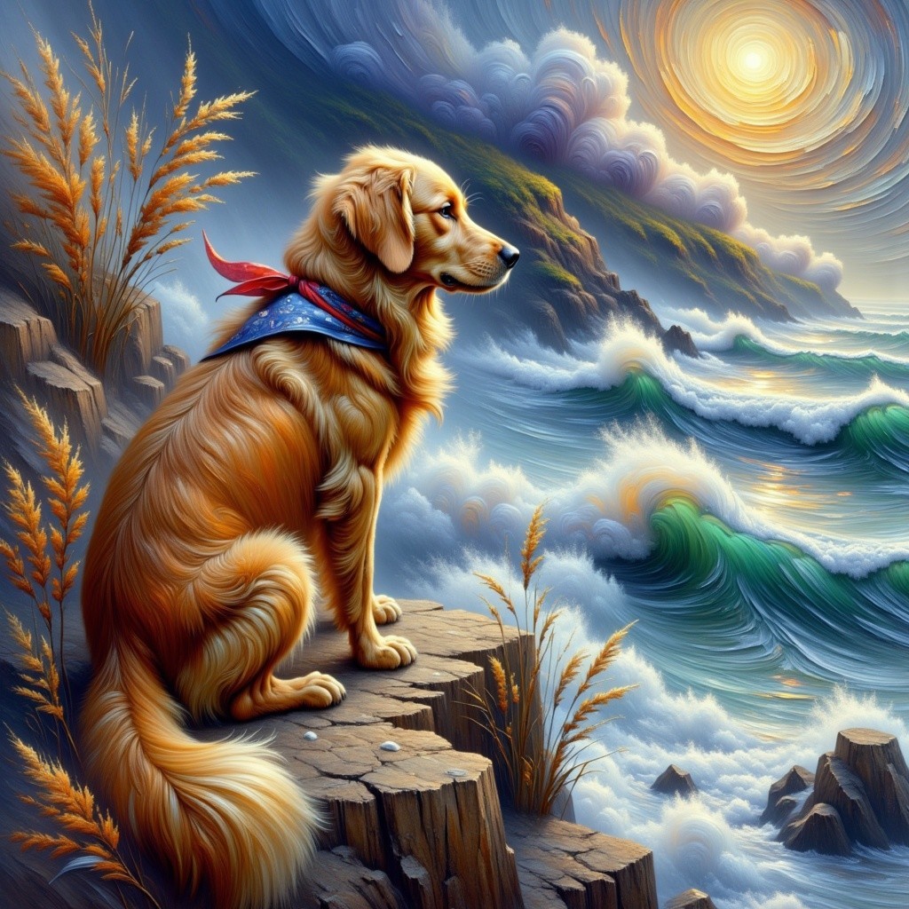 Golden Retriever on Rocky Ledge by Ocean at Sunset