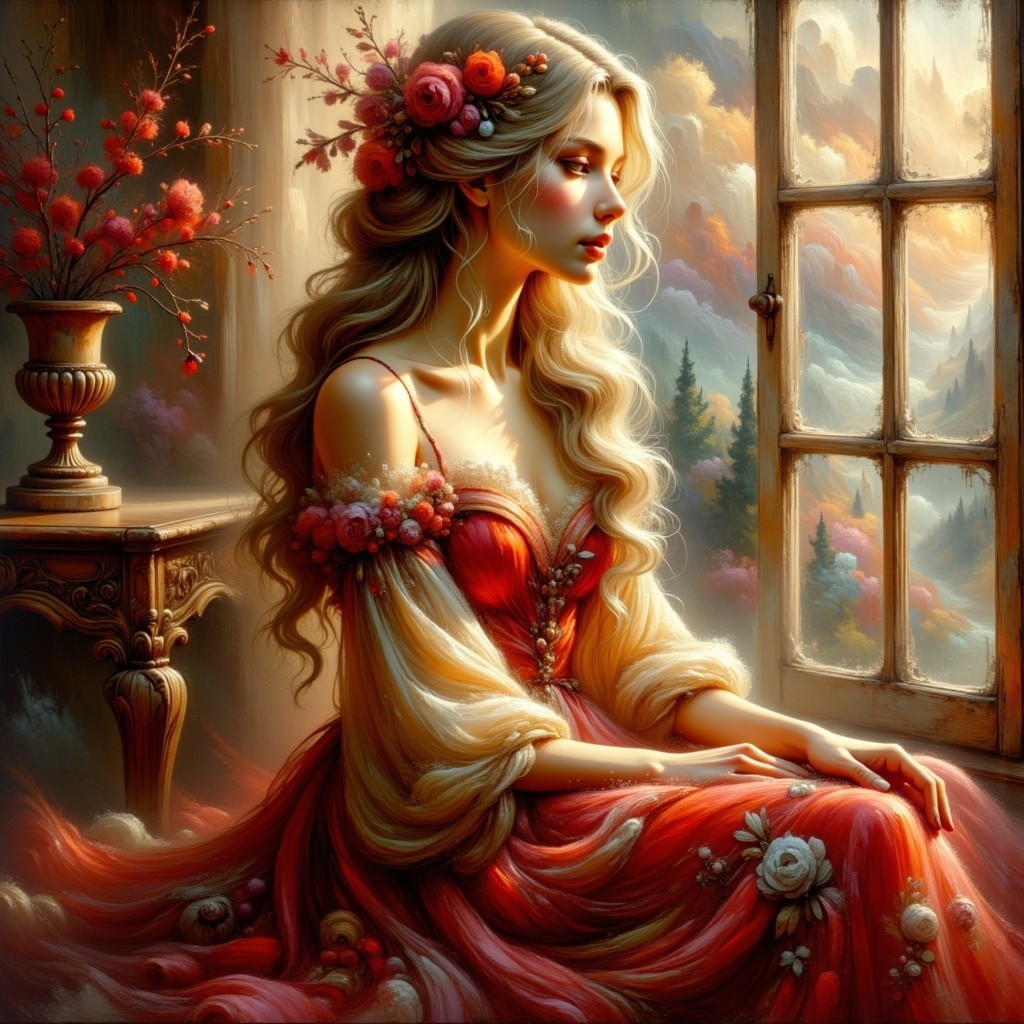 Serene Woman in Red Gown by Open Window with Landscape