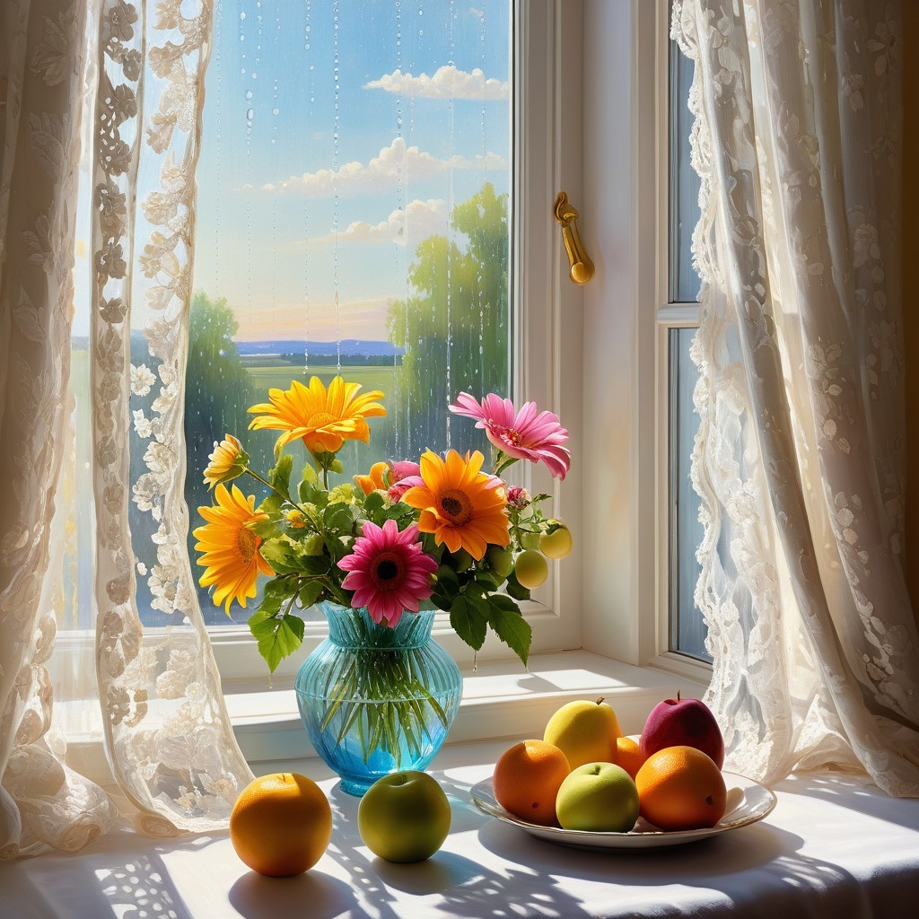 Colorful Flower Arrangement in Turquoise Vase by Window