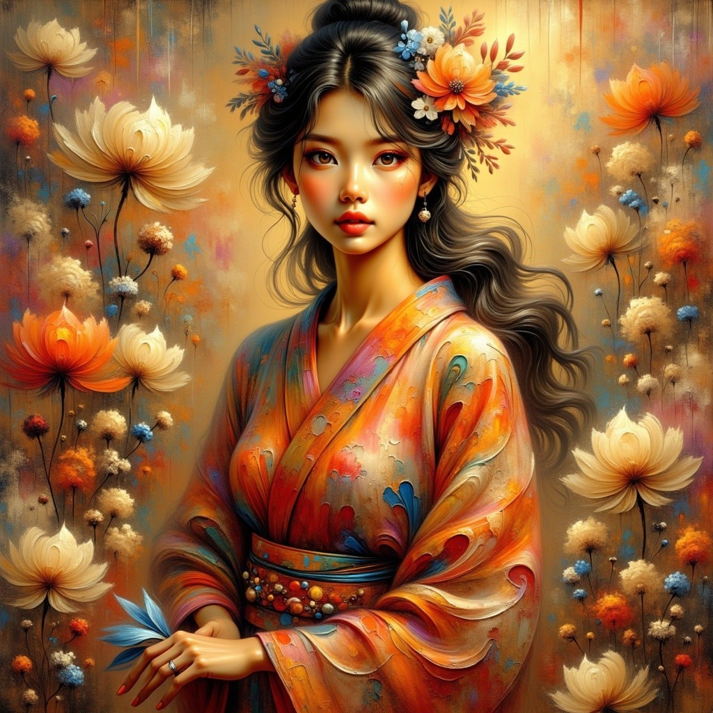 Young Woman in Floral Kimono Surrounded by Blossoms