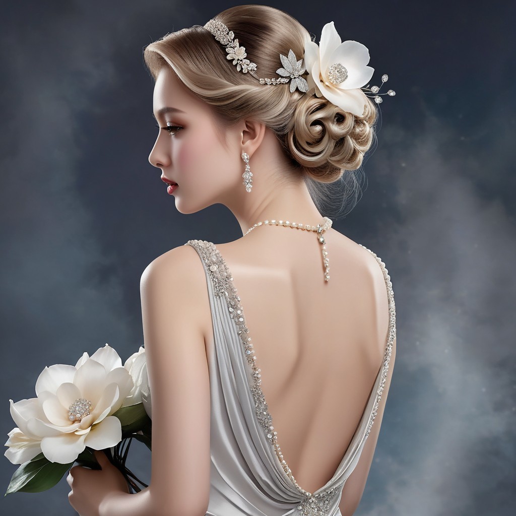 Elegant Bridal Look with Updo and Backless Gown