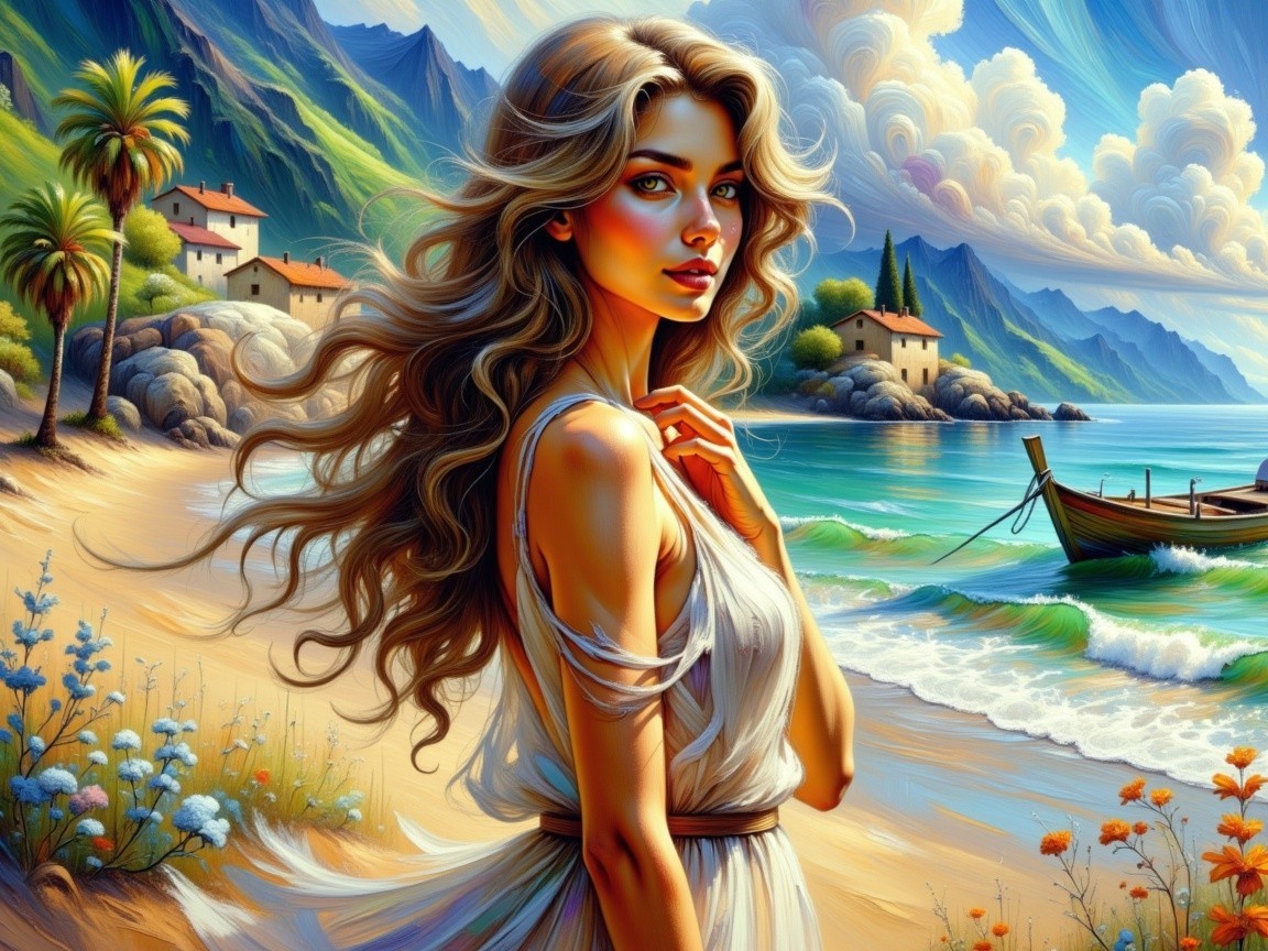 Serene beach scene with a woman in a white dress
