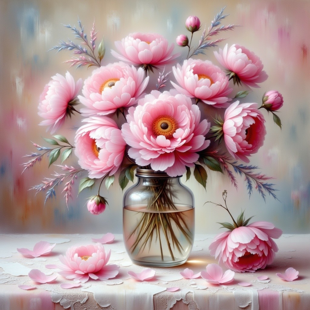 Pink Peonies in Glass Vase on Lace Tablecloth