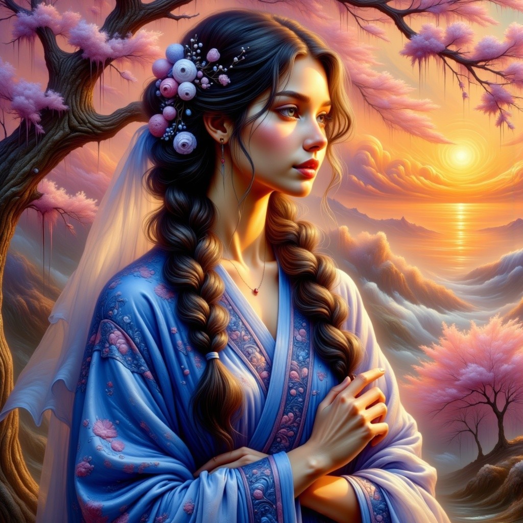 Young woman in blue dress against sunset landscape