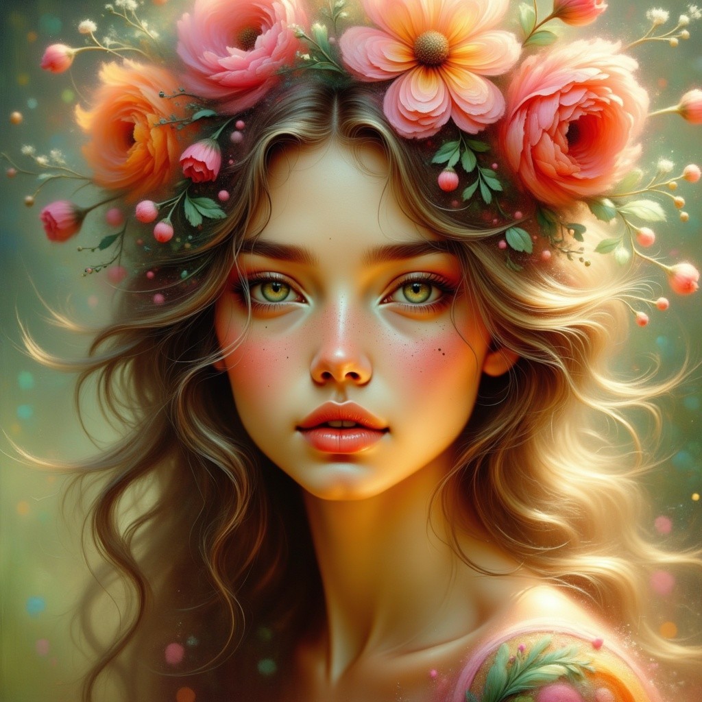 Young woman with floral crown in dreamy landscape