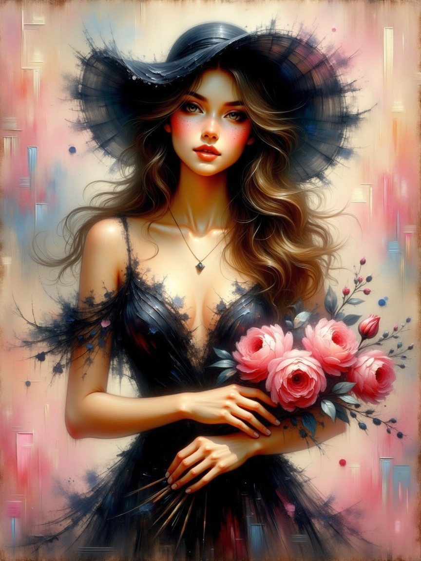 Elegant Woman in Black Dress with Pink Roses