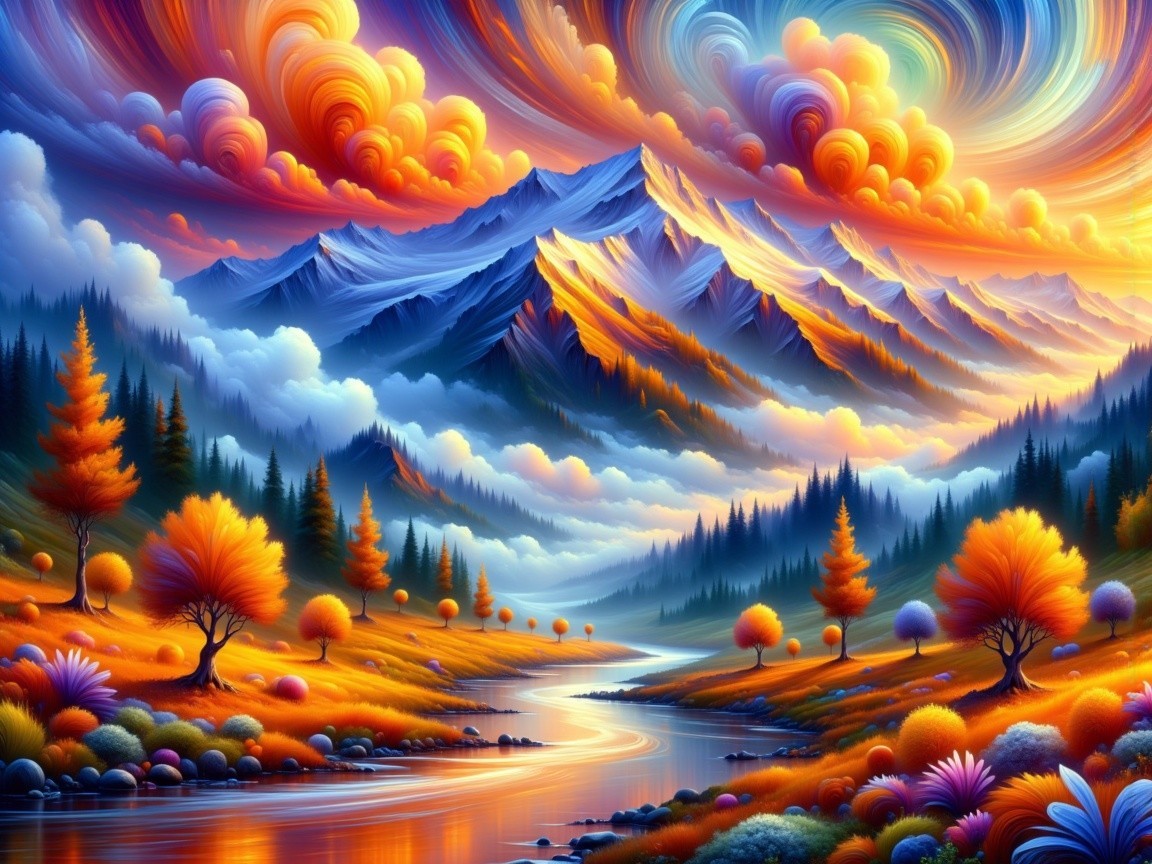 Vibrant Landscape with Mountains, Forests, and Sunset