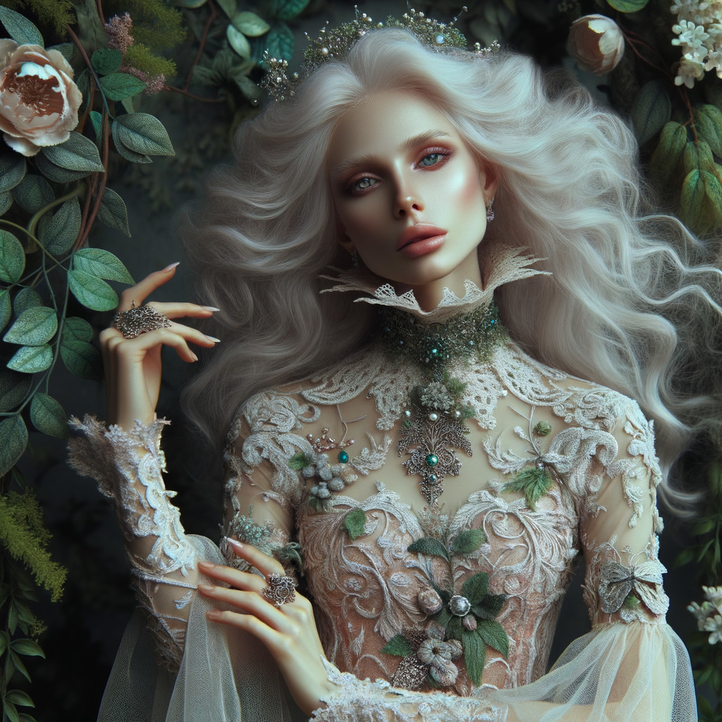 Ethereal figure in embellished gown among greenery