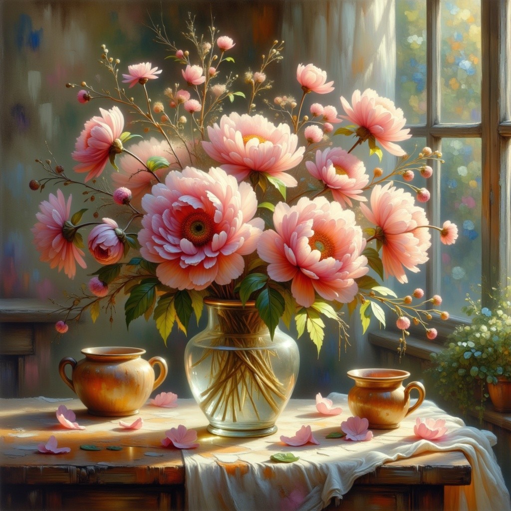 Vibrant Pink Peonies in Glass Vase on Wooden Table