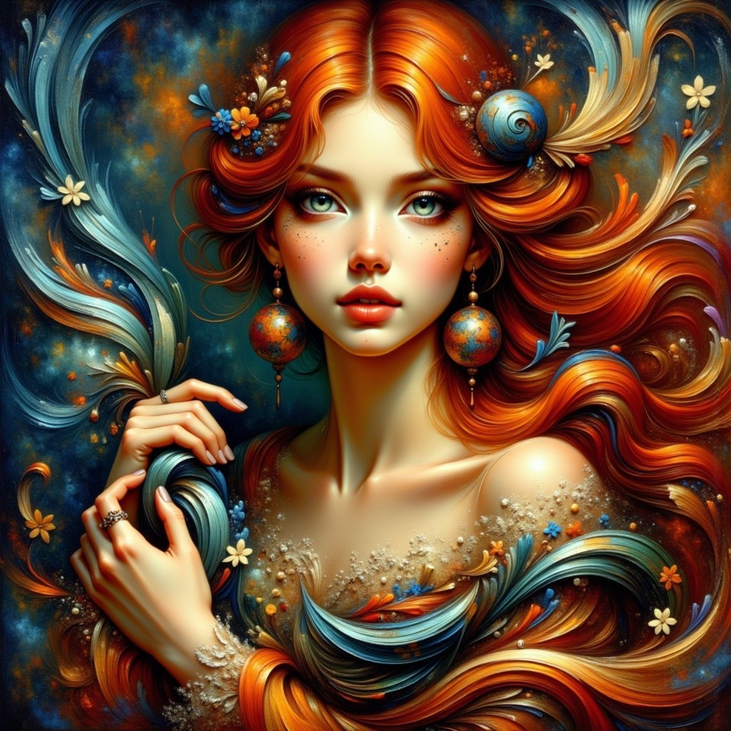 Portrait of a woman with vibrant red hair and floral motifs