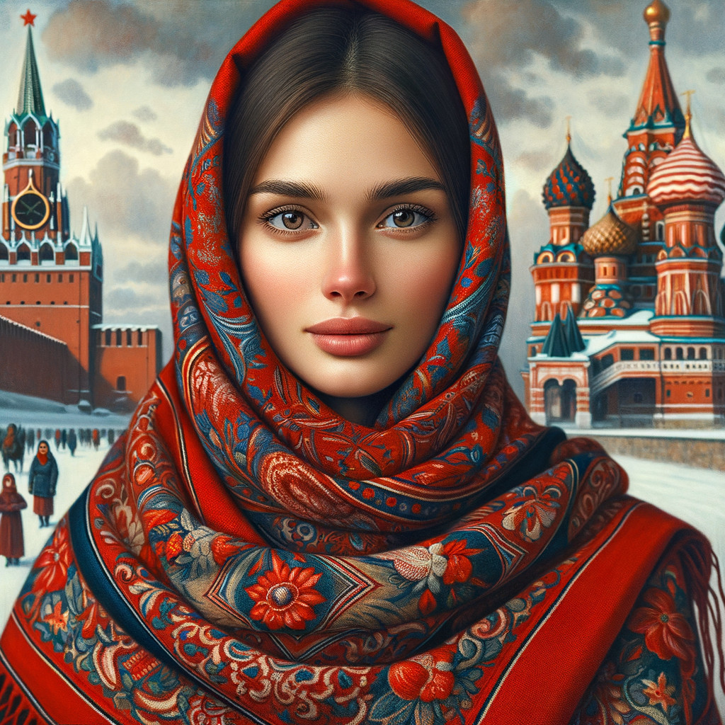Young woman in scarf with Russian architecture backdrop