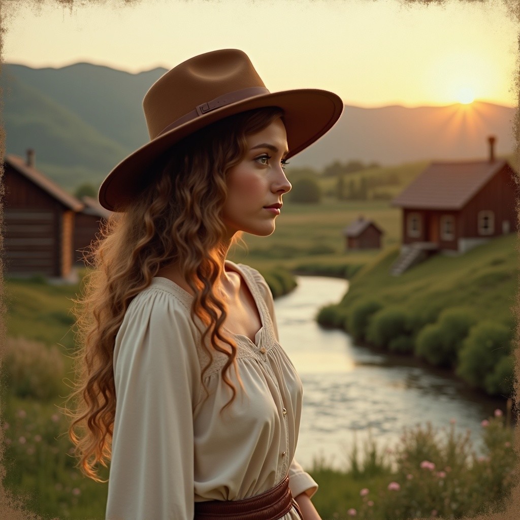Young woman by serene river at sunset in nature