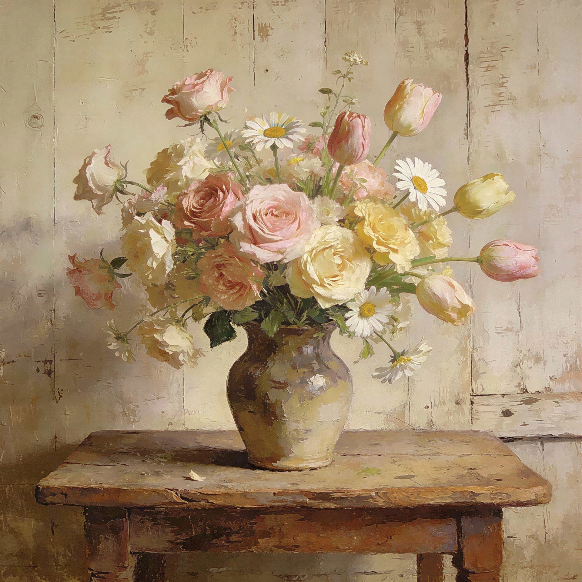 Oil Painting of Flowers in a Rustic Setting