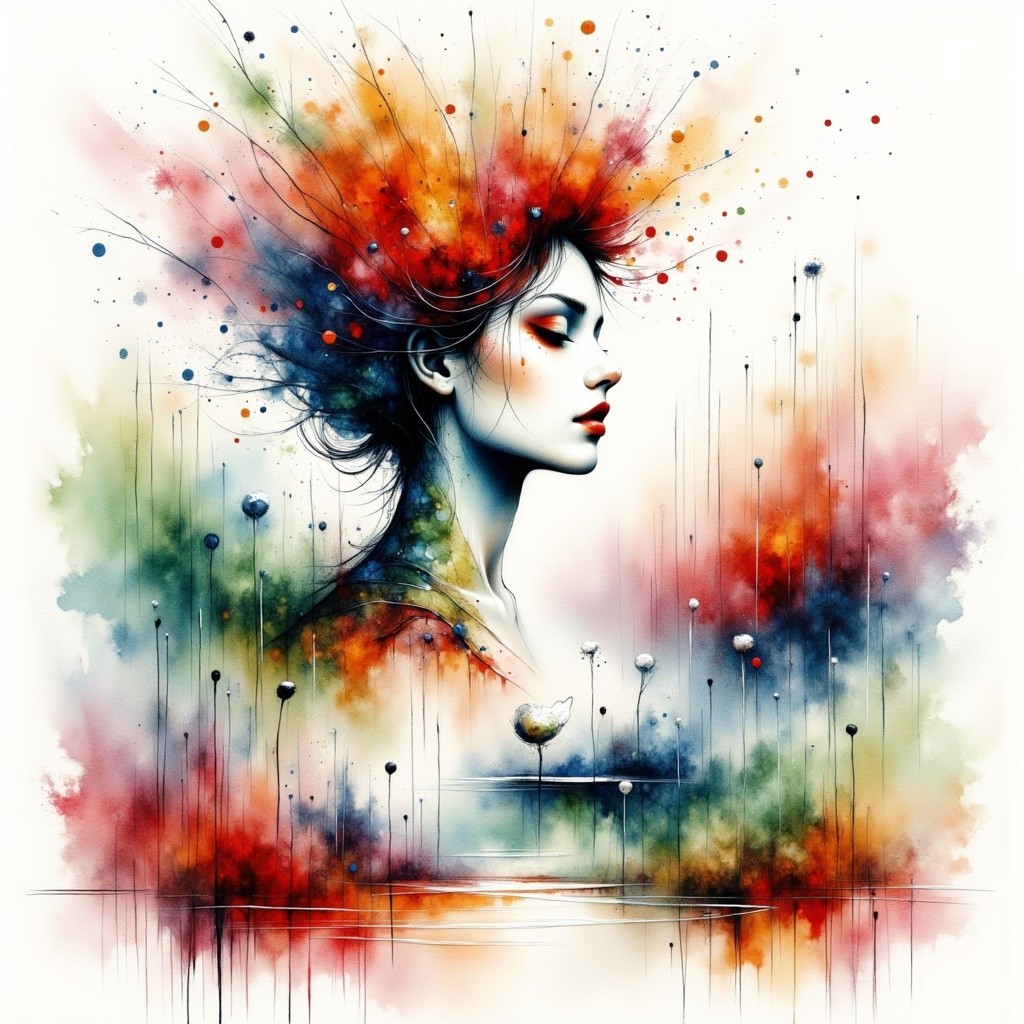 Profile of a woman with colorful abstract designs