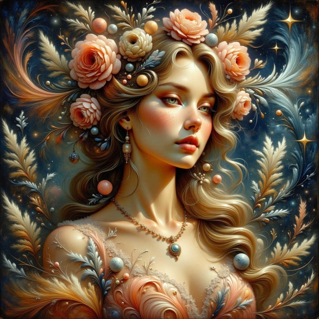 Portrait of a woman with a floral crown and serene expression