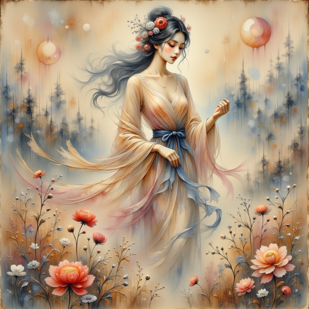 Serene Woman in Pastel Gown Amid Dreamy Landscape