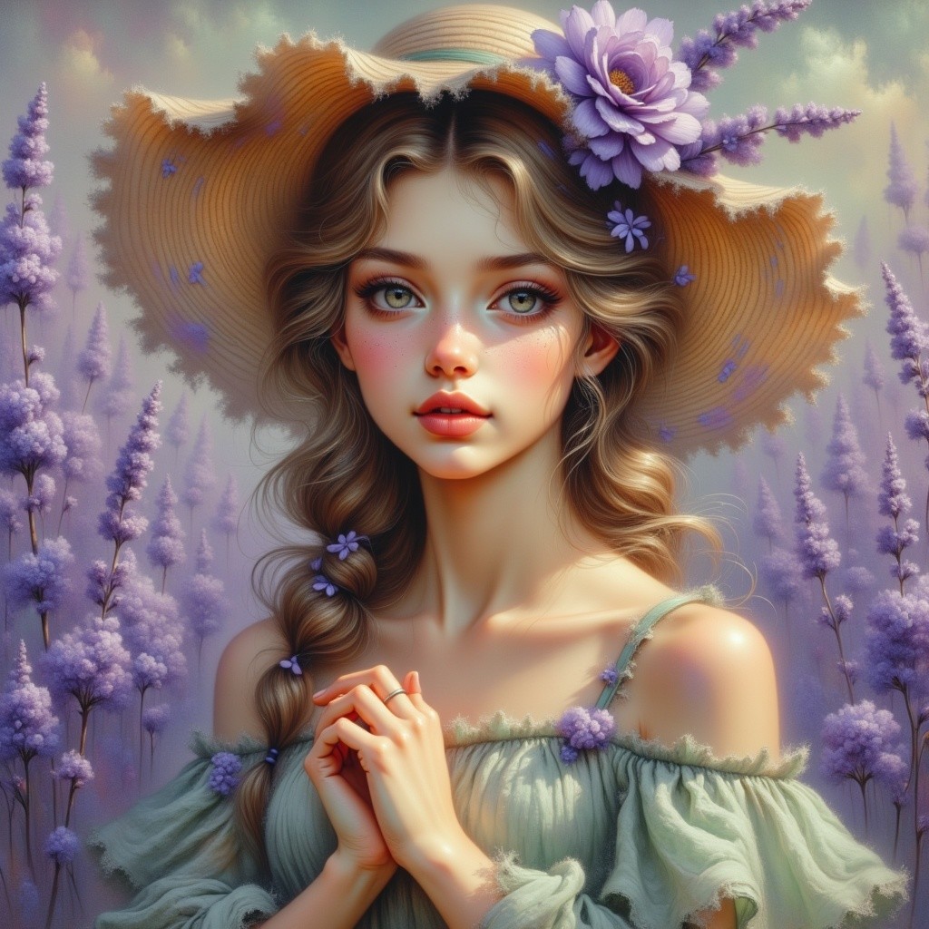 Anime-style girl with blue eyes and floral hat