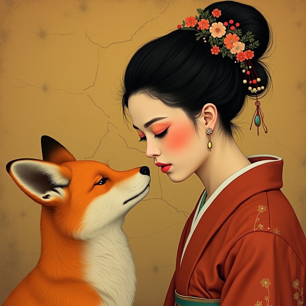 Serene Scene of Woman in Kimono with Fox
