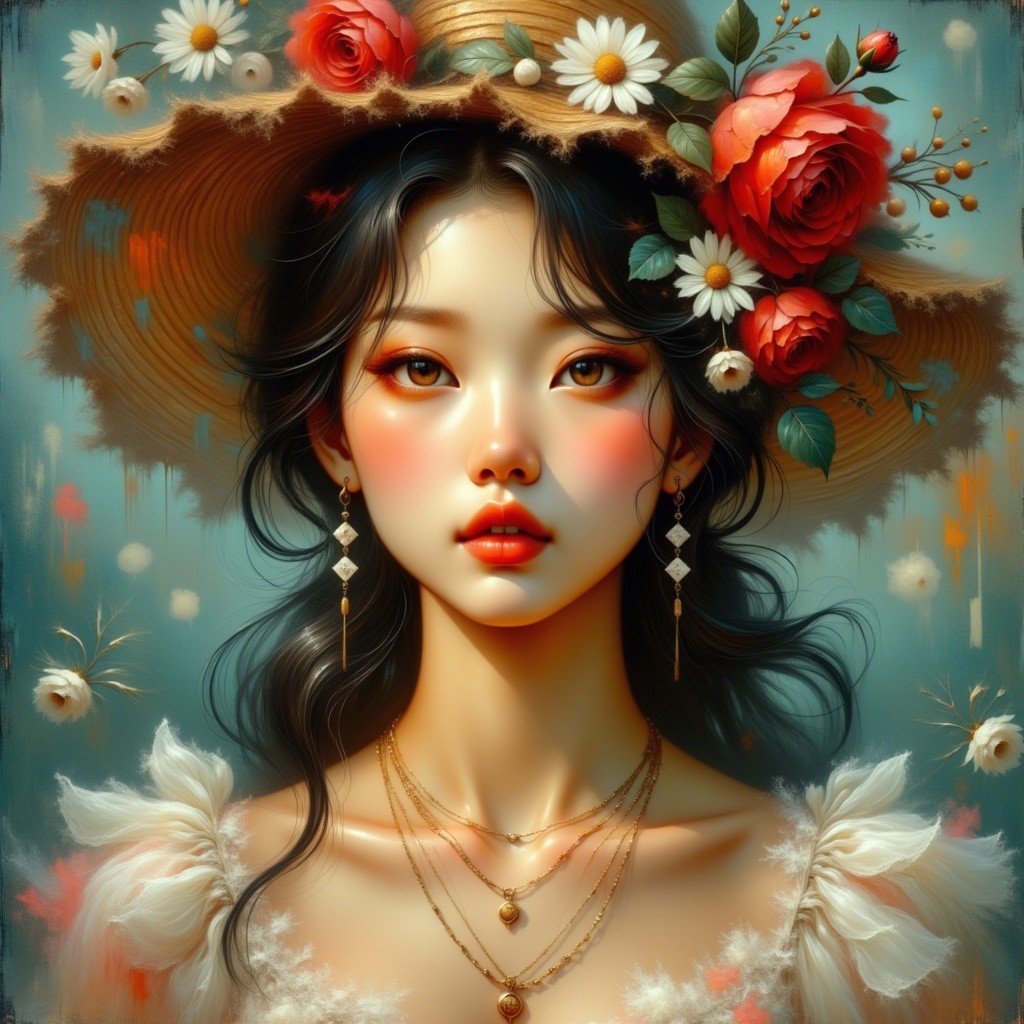 Young woman in decorative straw hat with flowers