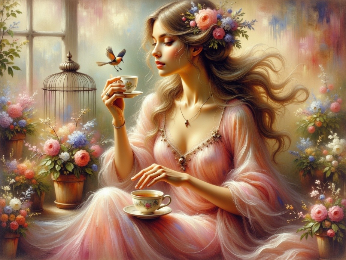Woman in Pink Dress by Window with Tea and Birds