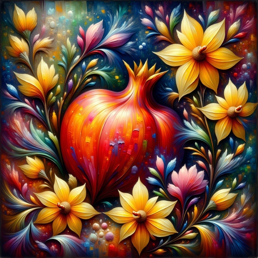 Vibrant Floral Arrangement with Ornate Pomegranate