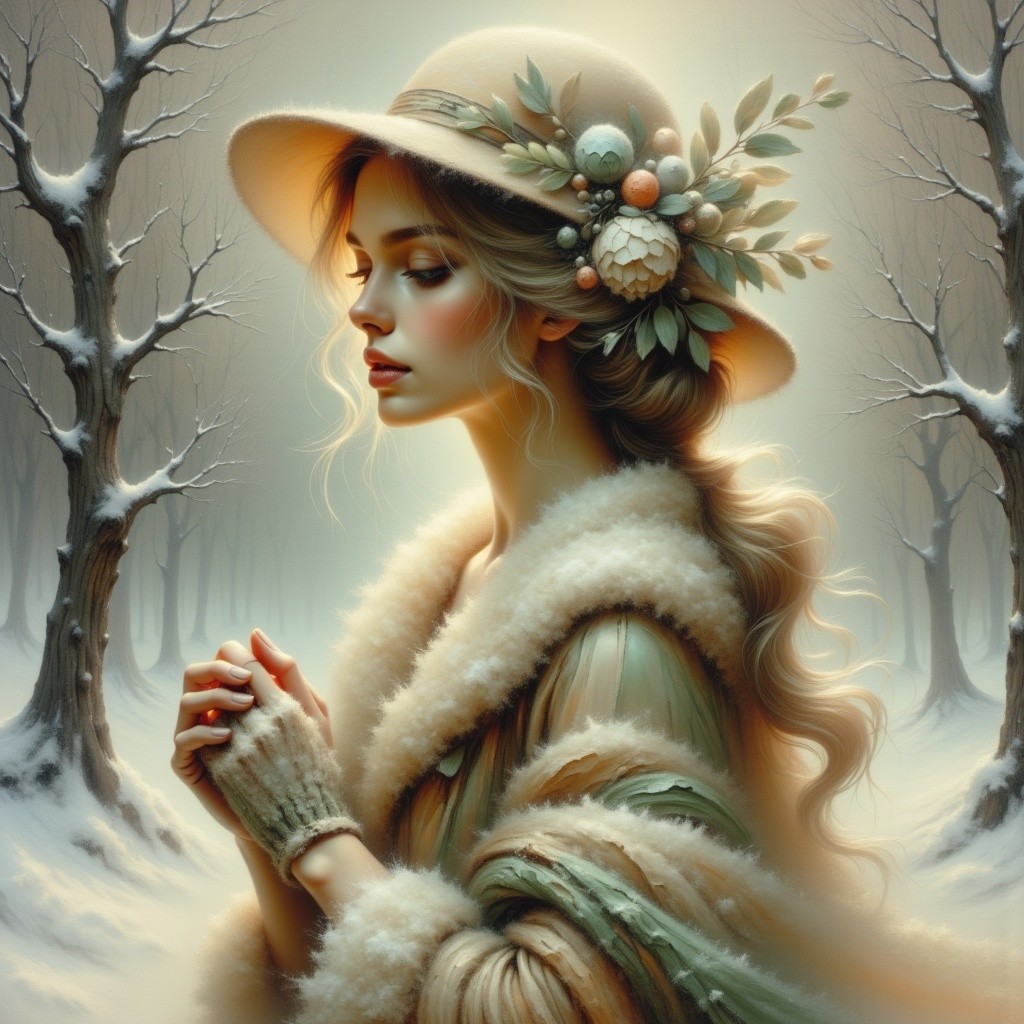 Young Woman in Elegant Outfit in Winter Landscape