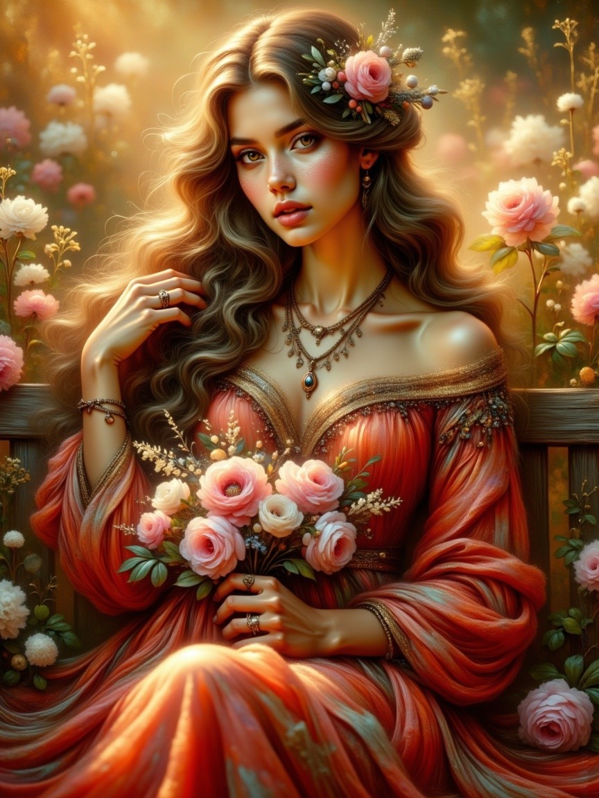 Young Woman in Floral Crown in Dreamy Garden Setting