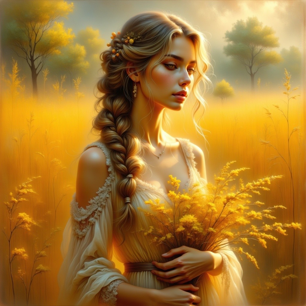 Young Woman in Wheat Field with Yellow Flowers