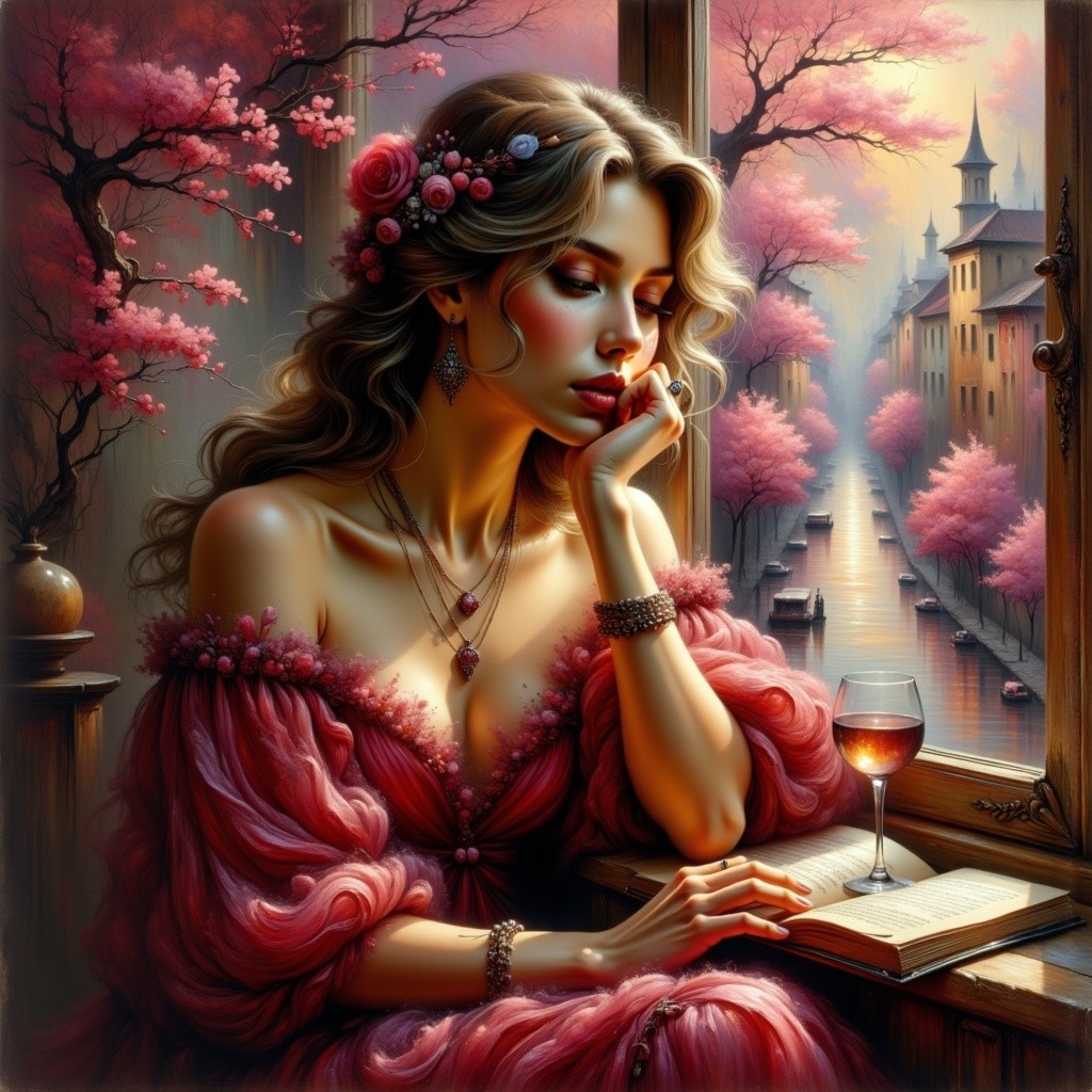 Woman in pink dress by window with cherry blossoms