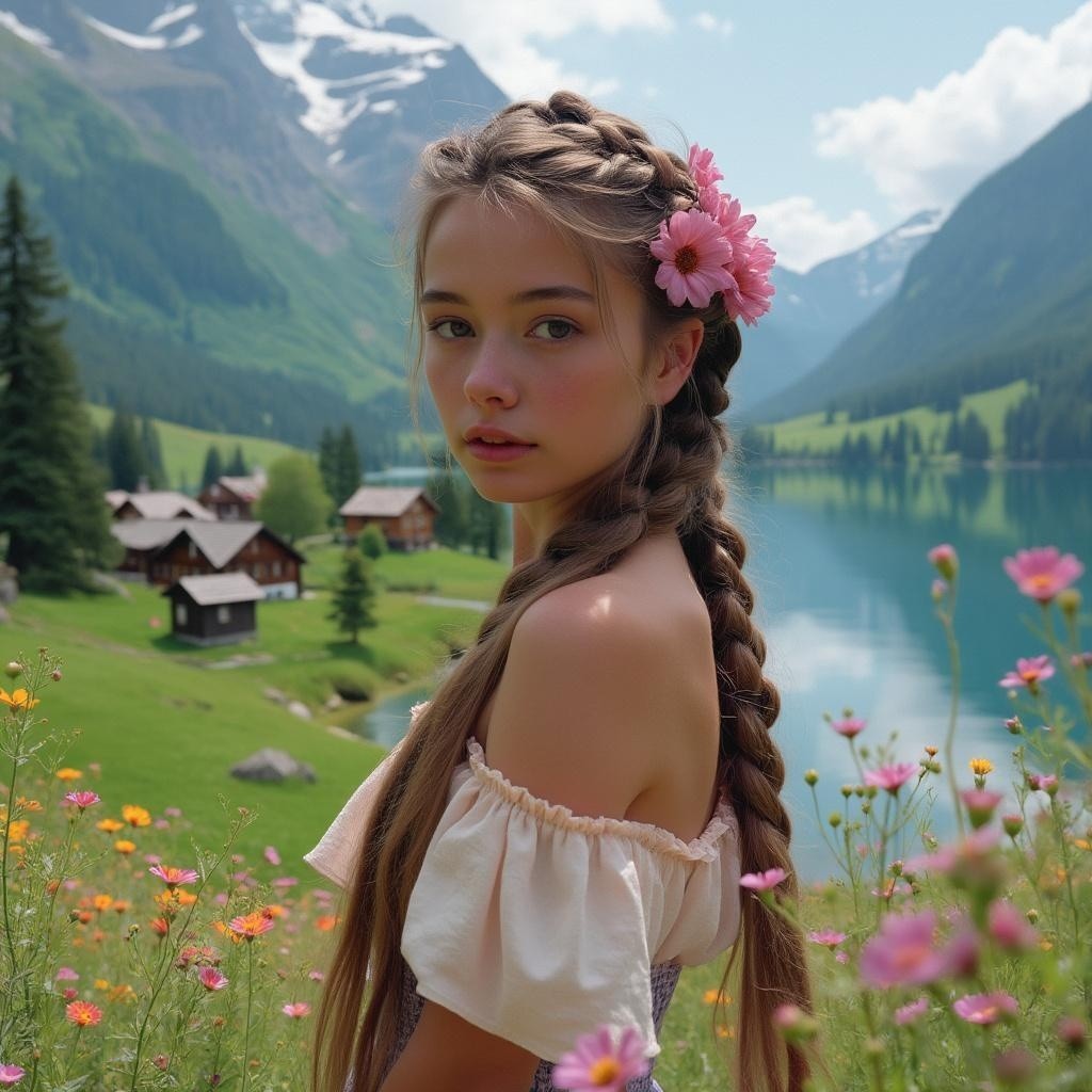 Young girl in wildflower field by serene lake