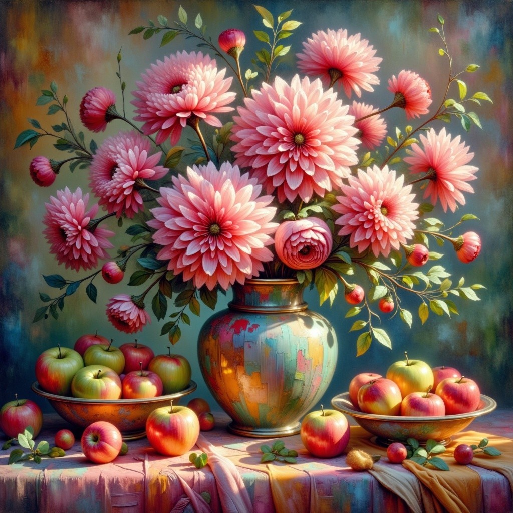 Vibrant Still Life with Pink Dahlias and Apples