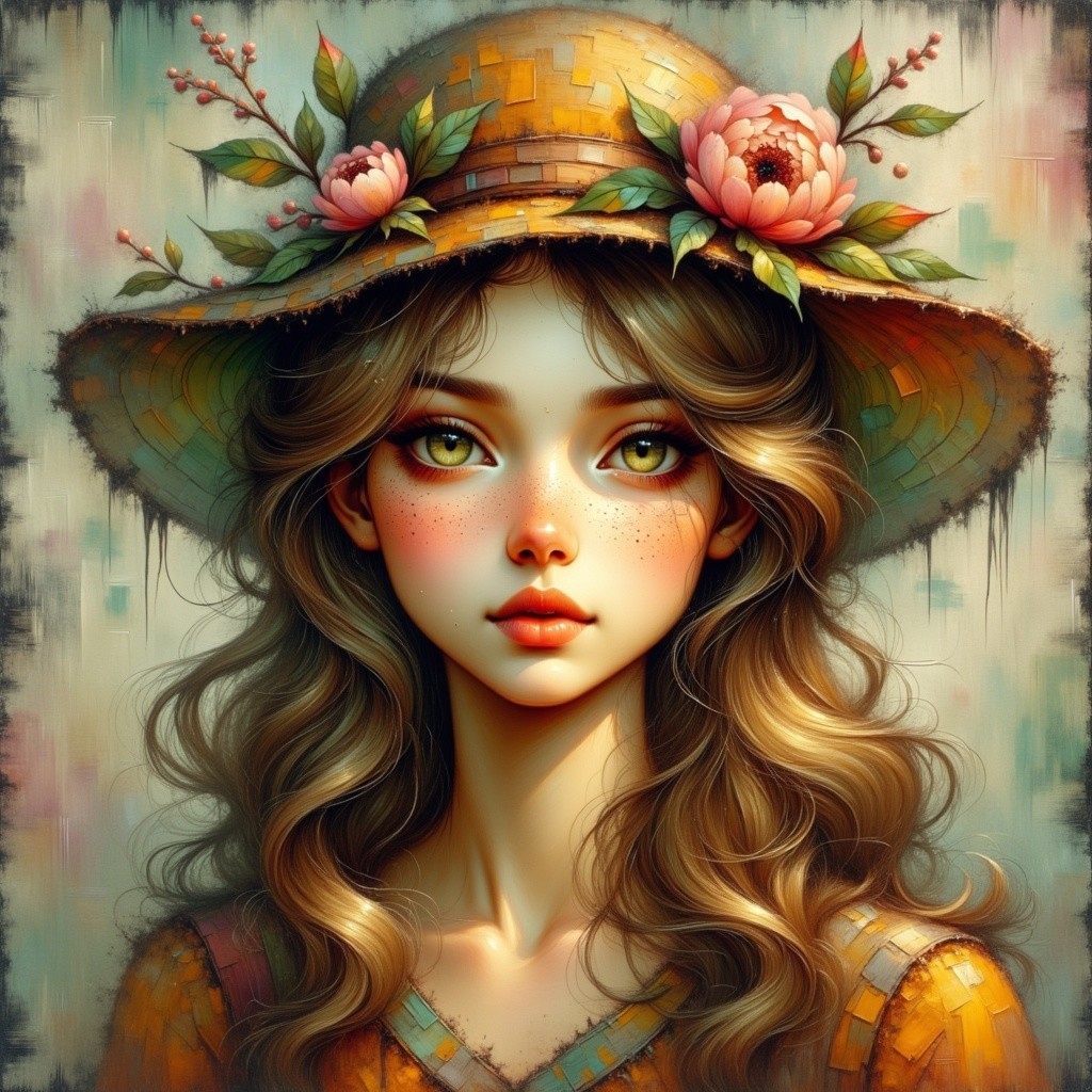Young woman with flowing hair and flowered straw hat