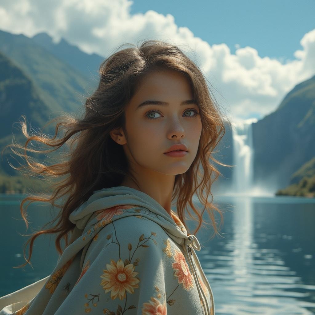 Young woman by tranquil lake with mountains and waterfall