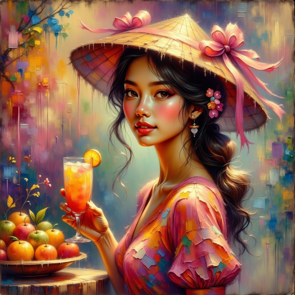 Young Woman with Straw Hat and Colorful Backdrop
