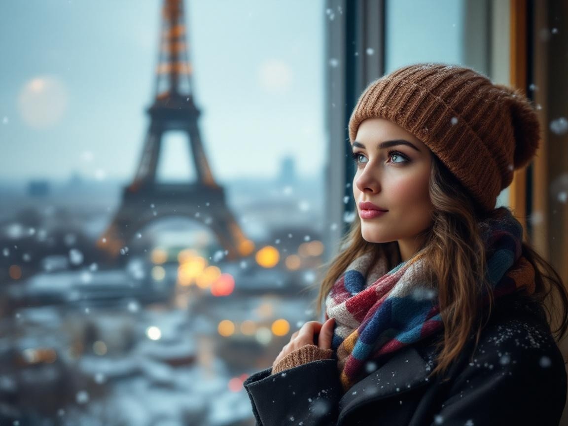 Young Woman by Snowy Window with Eiffel Tower View