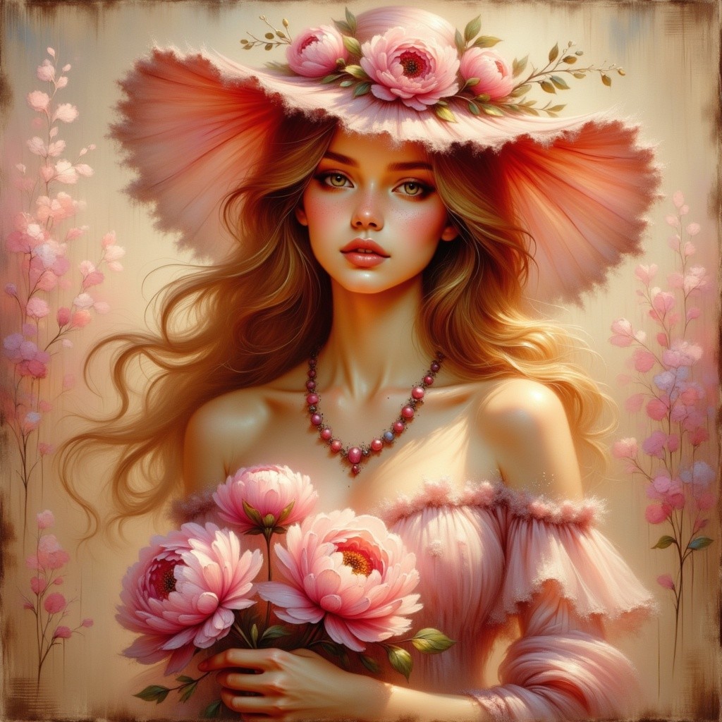 Young woman in elegant hat with peonies and blossoms